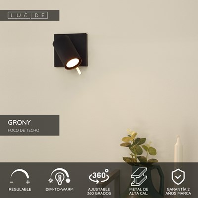 Lucide GRONY - Foco de techo - LED Dim to warm - GU10 - 1x5W 2200K/3000K - Negro